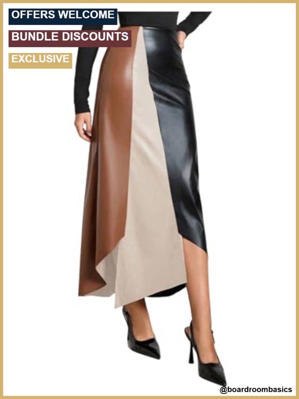Faux Leather Color Block High Waisted Asymmetrical Long Skirt